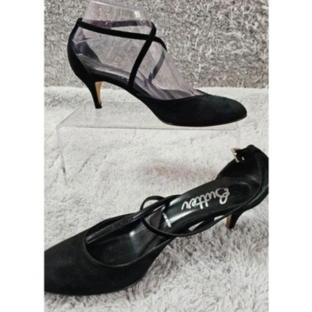 BUTTER Italian Suede Crisscross Ankle Strap Kitten Heels Black Womens 7
